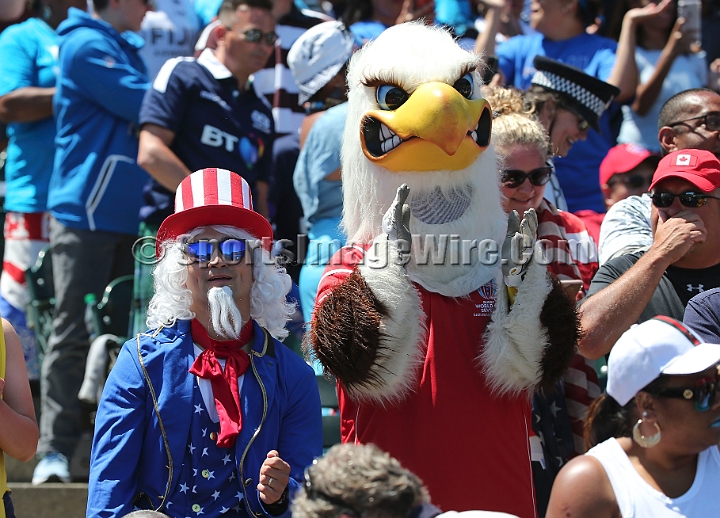 2018RugbySevensSun-01.JPG - Fans for the United States at the men's championship 5/8 place match against Scotland in the 2018 Rugby World Cup Sevens, Sunday, July 22, 2018, at AT&T Park, San Francisco. USA defeated Scotland 28-0. (Spencer Allen/IOS via AP)